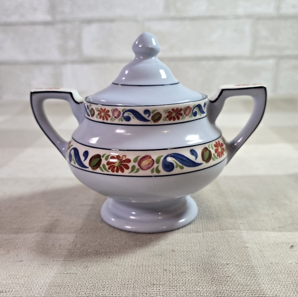 Vintage MCM Porcelain Sugar Bowl Blue Floral Design Fraunfelter 2 Handle